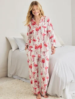 Tall Organic Cotton Flamingo Stripe Print Long Pyjama Set