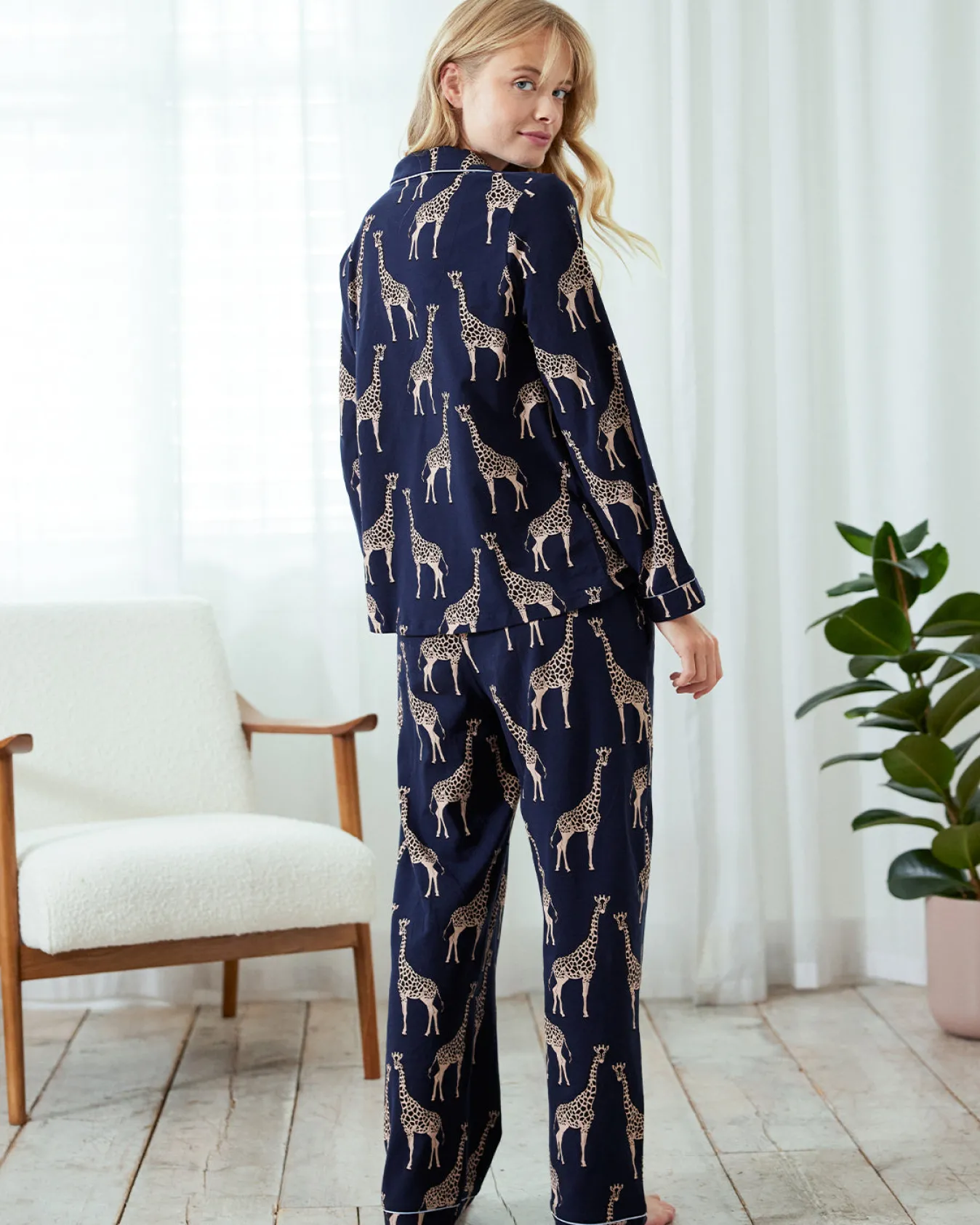 Tall Organic Cotton Giraffe Print Long Pyjama Set - Navy