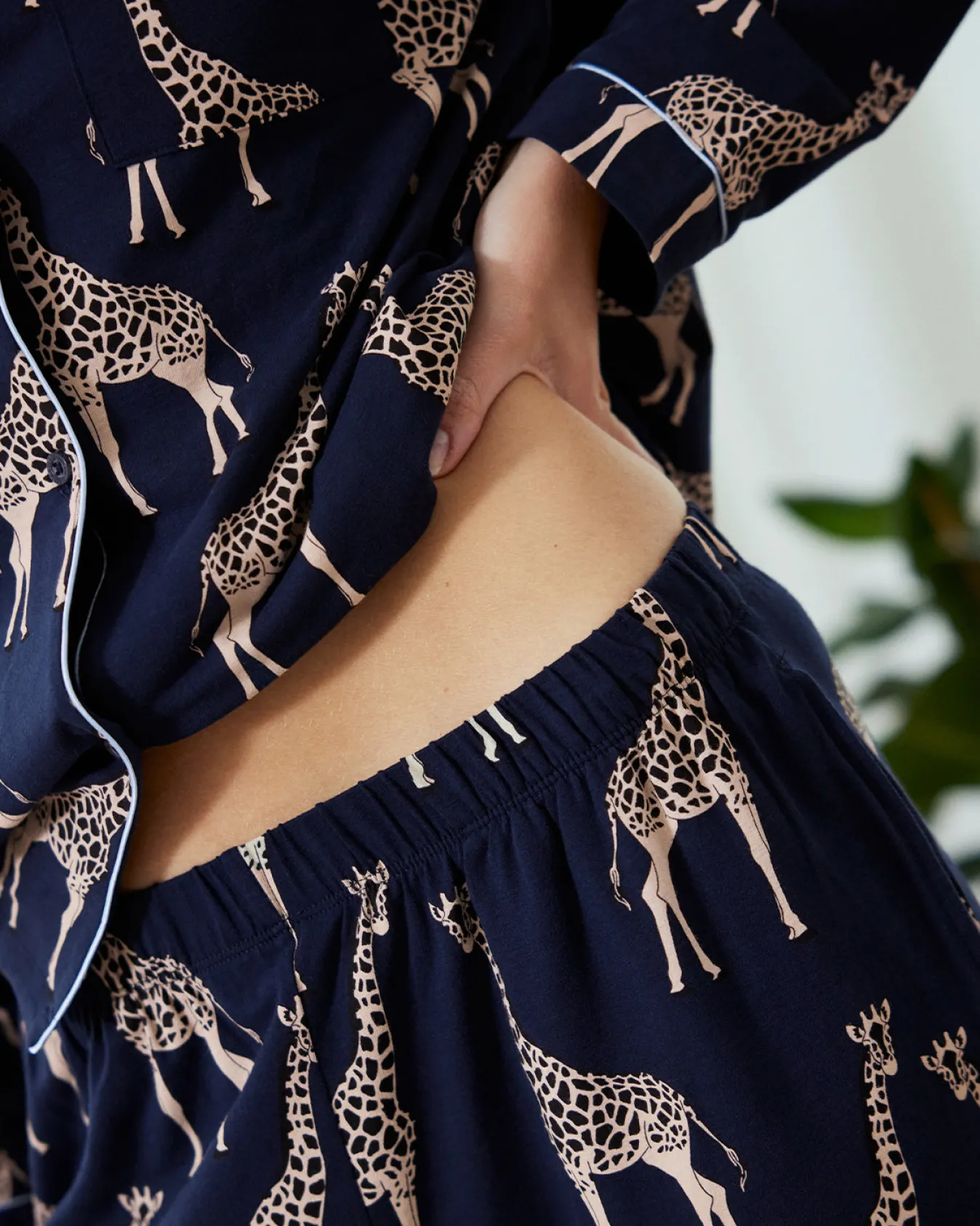 Tall Organic Cotton Giraffe Print Long Pyjama Set - Navy