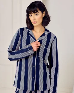 Tall Organic Cotton Stripe Button Up Pyjama Set - Navy