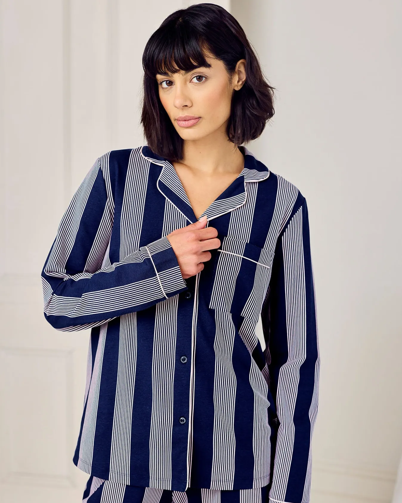 Tall Organic Cotton Stripe Button Up Pyjama Set - Navy