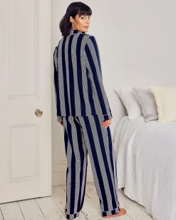 Tall Organic Cotton Stripe Button Up Pyjama Set - Navy