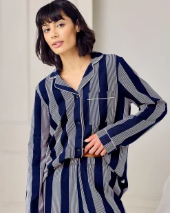 Tall Organic Cotton Stripe Button Up Pyjama Set - Navy