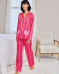 Tall Satin Heart Pocket Striped Long Pyjama Set - Pink