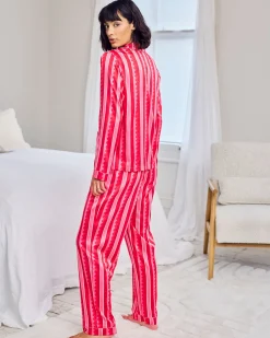 Tall Satin Heart Pocket Striped Long Pyjama Set - Pink