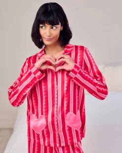 Tall Satin Heart Pocket Striped Long Pyjama Set - Pink