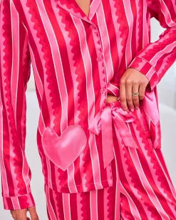 Tall Satin Heart Pocket Striped Long Pyjama Set - Pink
