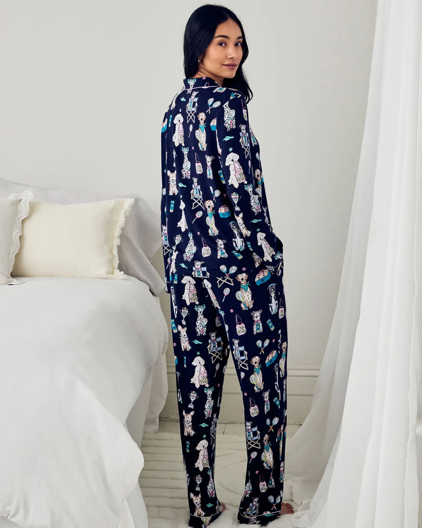Tall TENCEL™ Modal Tennis Dogs Print Long Pyjama Set - Navy