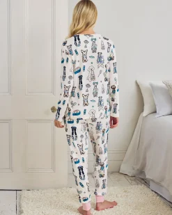 Tall Tennis Dogs Print Long Pyjama Set - Cream