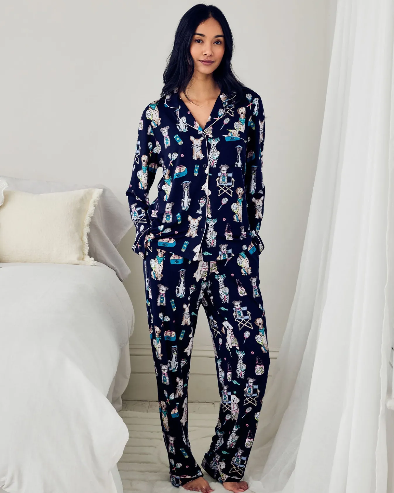 TENCEL™ Modal Tennis Dogs Print Long Pyjama Set - Navy