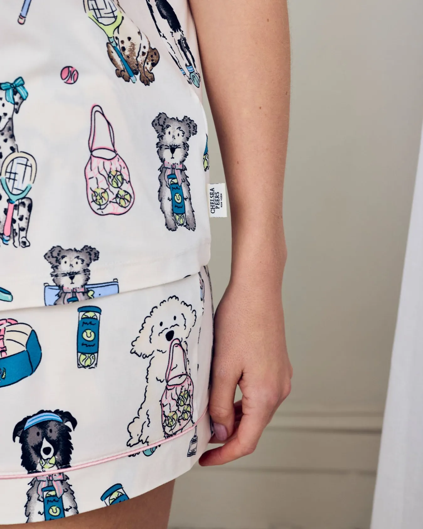 Tennis Dogs Print Button Up Short Pyjama Set - Cream