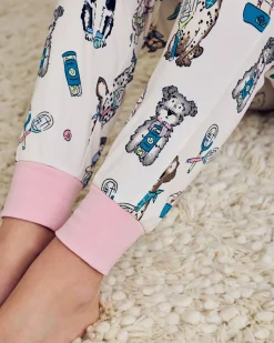 Tennis Dogs Print Long Pyjama Set - Cream