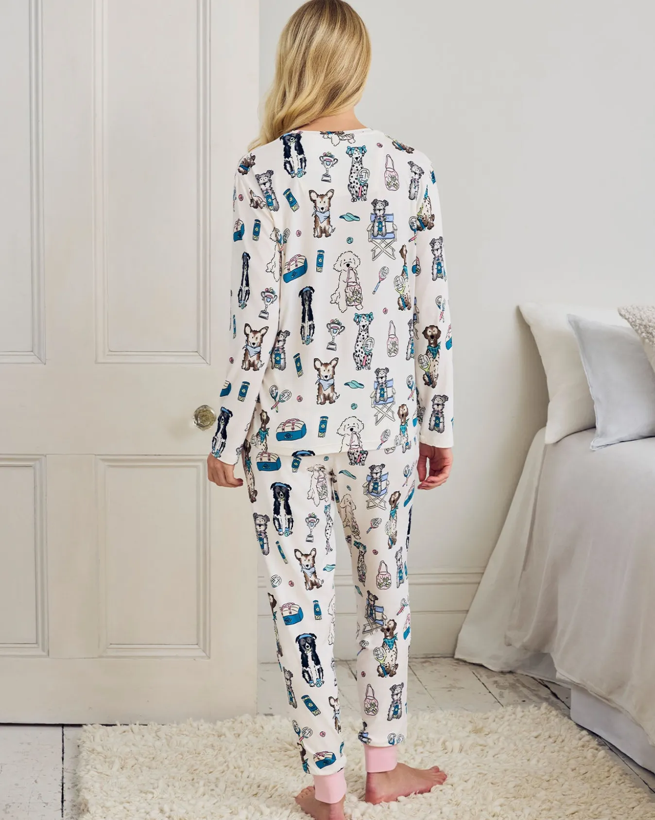 Tennis Dogs Print Long Pyjama Set - Cream