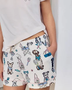 Tennis Dogs Print Short Pyjama Set - Cream