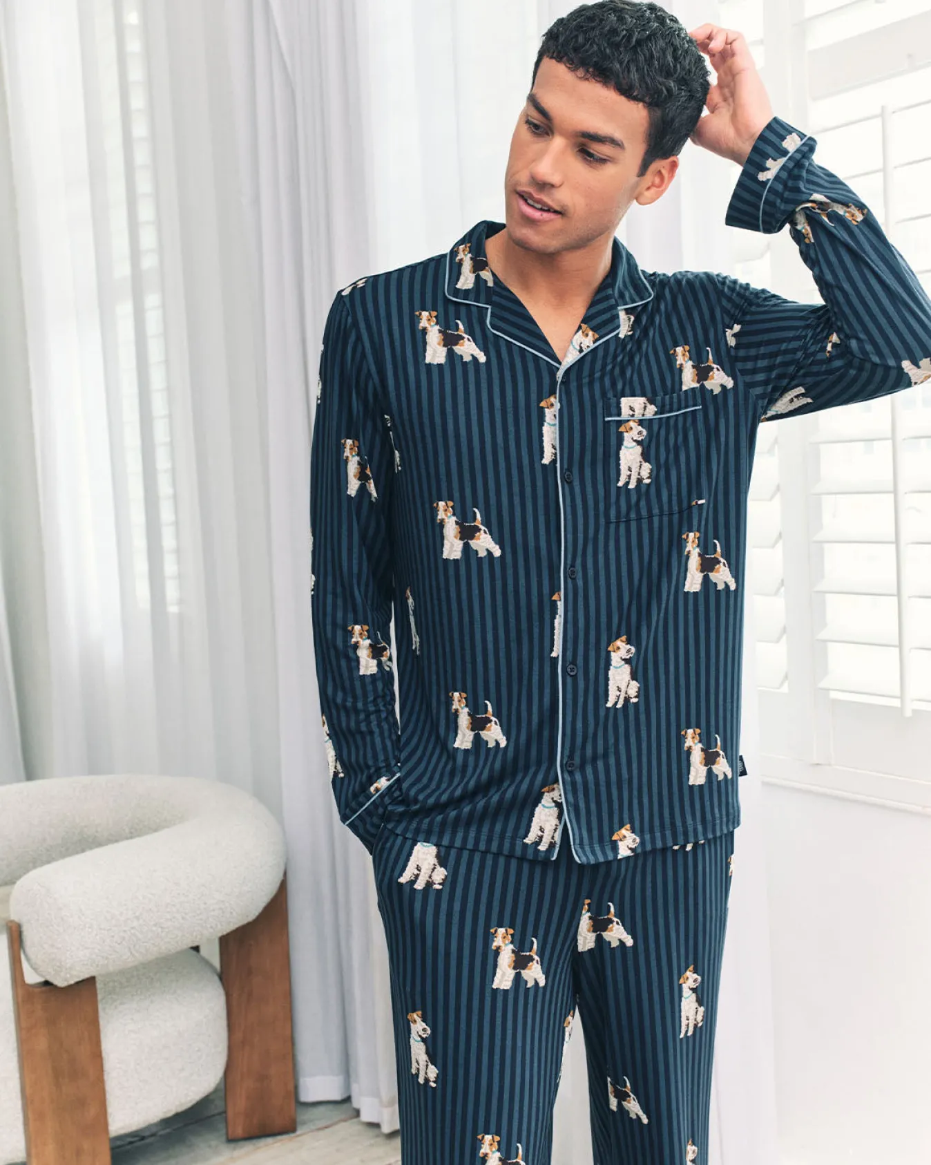 Terrier Dog Stripe Print Long Pyjama Set