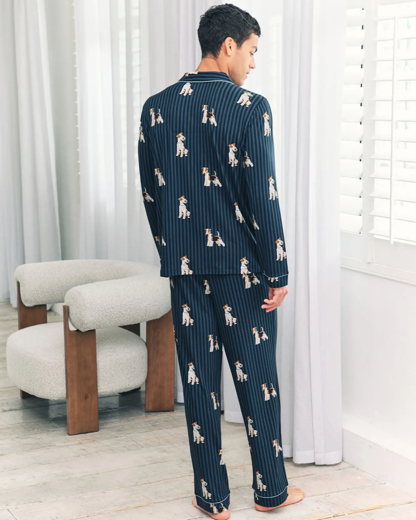 Terrier Dog Stripe Print Long Pyjama Set