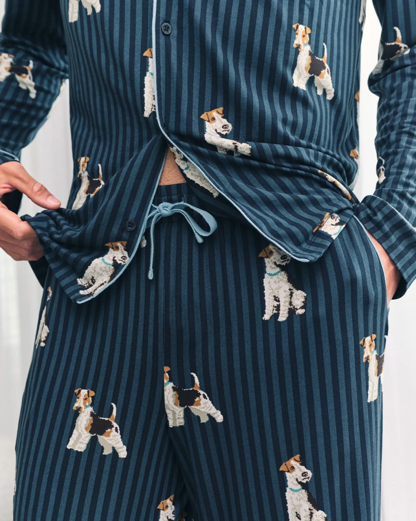 Terrier Dog Stripe Print Long Pyjama Set
