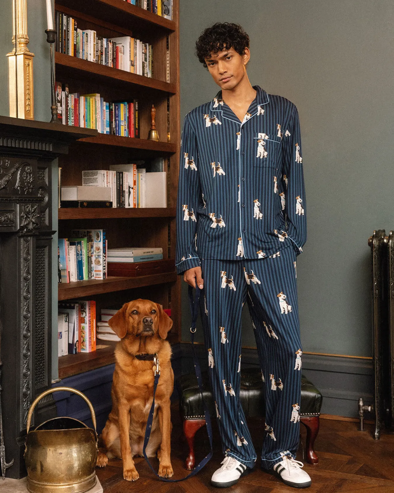 Terrier Dog Stripe Print Long Pyjama Set