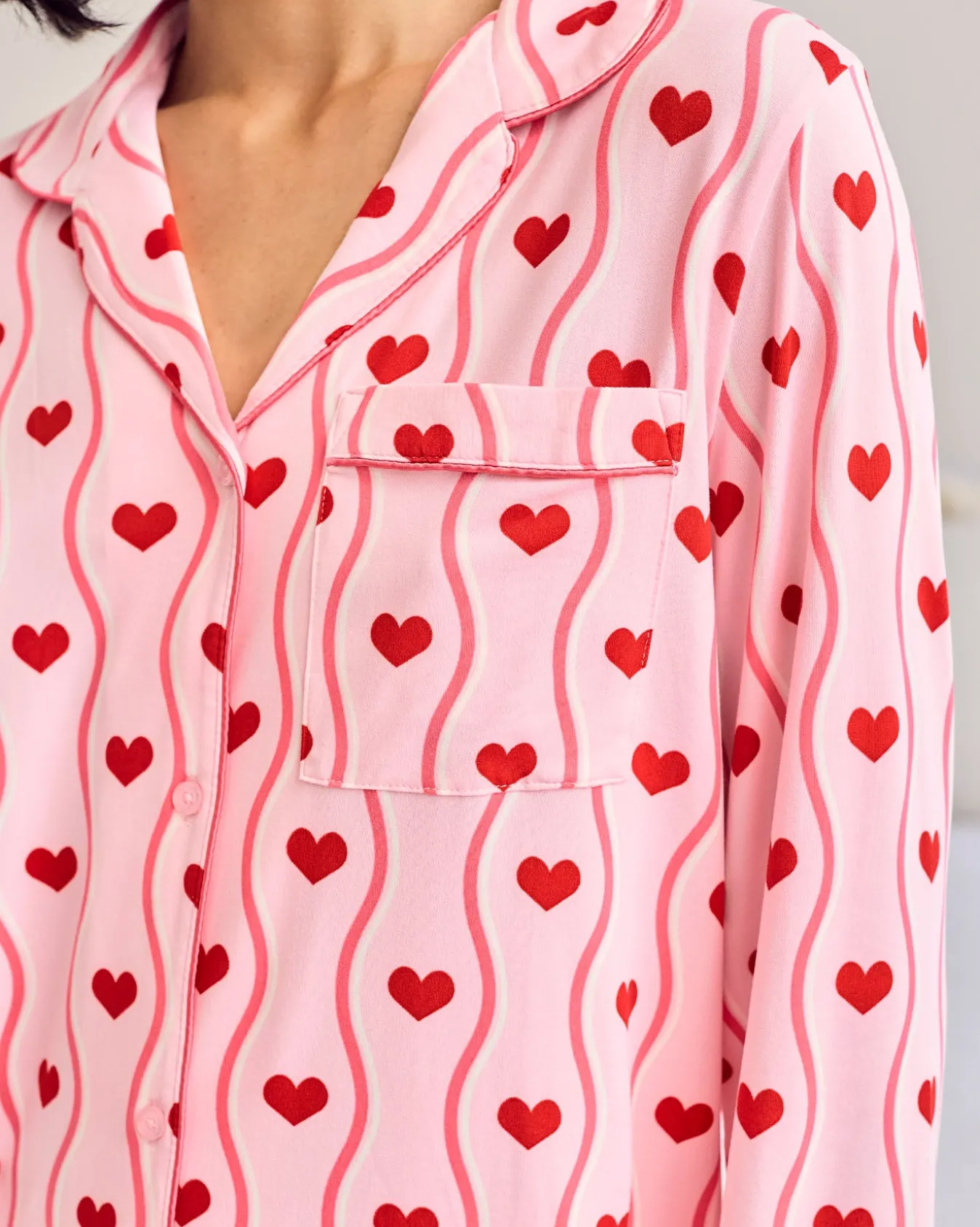 Wavy Stripe Heart Print Long Pyjama Set