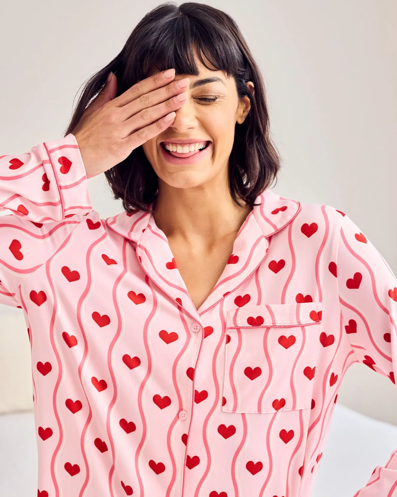 Wavy Stripe Heart Print Long Pyjama Set