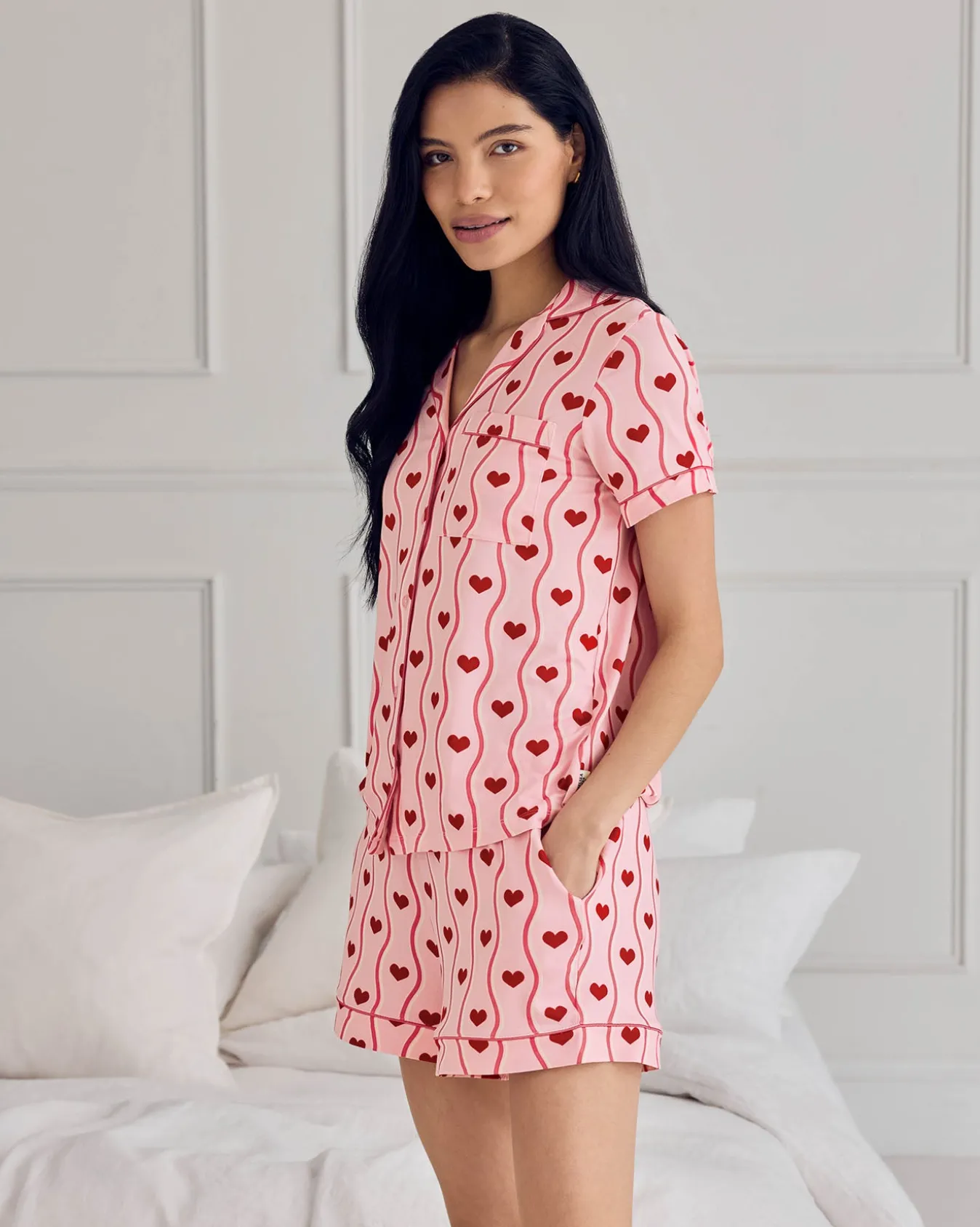 Wavy Stripe Heart Print Short Pyjama Set