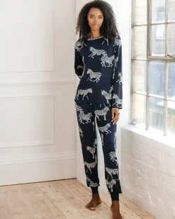 Zebra Print Long Pyjama Set - Navy