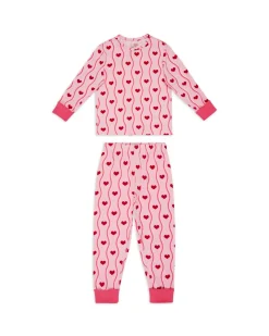 Kids Wavy Stripe Heart Print Long Pyjama Set - Pink