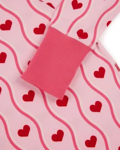 Kids Wavy Stripe Heart Print Long Pyjama Set - Pink