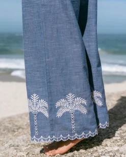 Organic Cotton Chambray Embroidered Scallop Edge Wide Leg Trousers