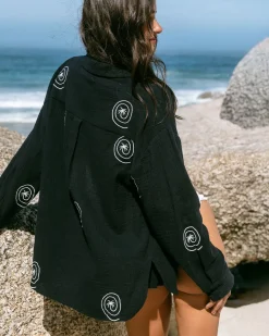 Organic Cotton Cheesecloth Embroidered Palm Loop Long Sleeve Shirt - Black