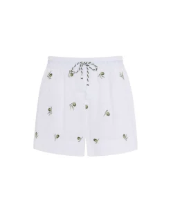 Organic Cotton Poplin Embroidered Olive Print Shorts - White
